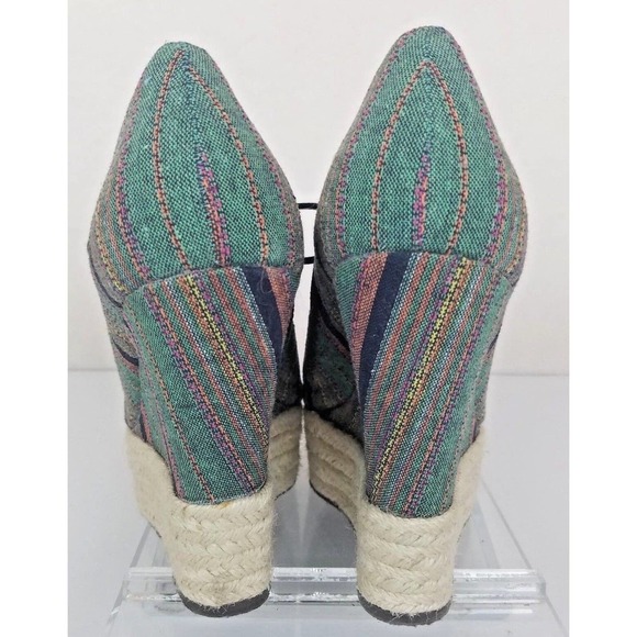 Steve Madden Wedge Shoes 9.5M Canvas Lace-up Espadrille Green Stripes Peep Toe - Picture 4 of 6